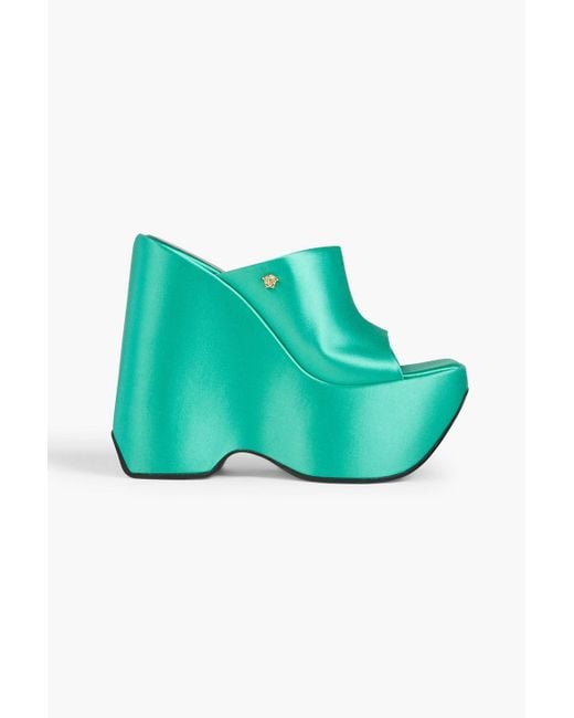 Versace Satin Platform Wedge Mules in Green Lyst
