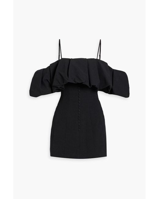 Jonathan Simkhai Black Puff Cold-Shoulder Ruffled Cotton And Linen-Blend Mini Dress