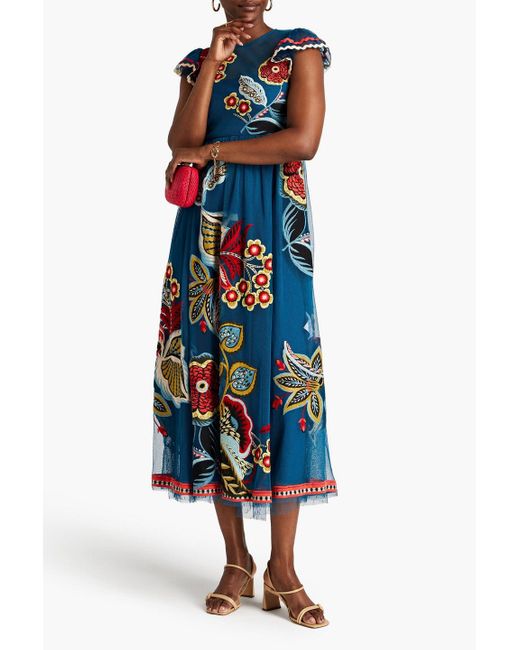 RED Valentino Blue Gathered Embroidered Tulle Midi Dress