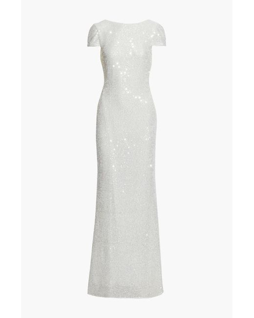 Badgley Mischka White Open-back Draped Sequined Jersey Gown