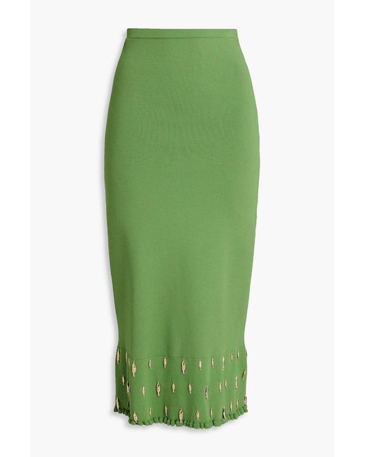 Sandro Green Embellished Stretch-knit Midi Skirt