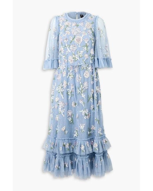 Needle & Thread Blue Tiered Embellished Point D'Esprit Midi Dress