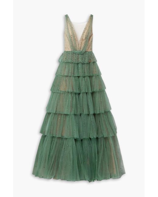 Marchesa Green Tiered Crystal-embellished Tulle Gown