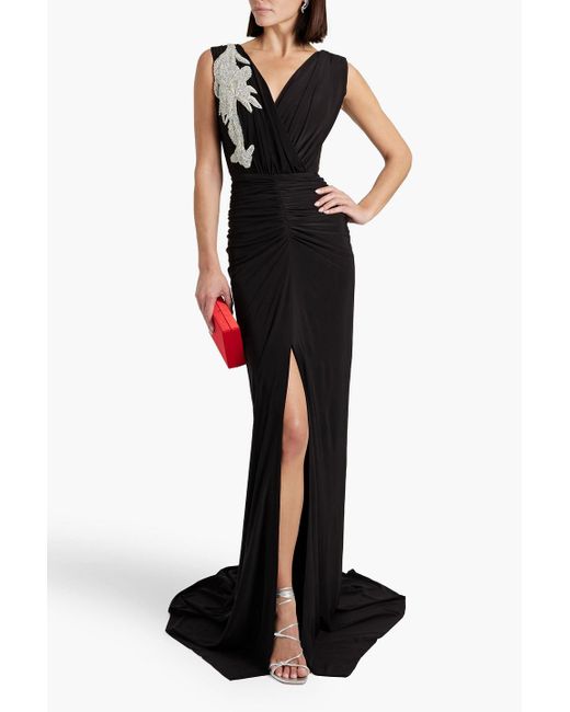 Rhea Costa Black Bead-embellished Ruched Jersey Gown