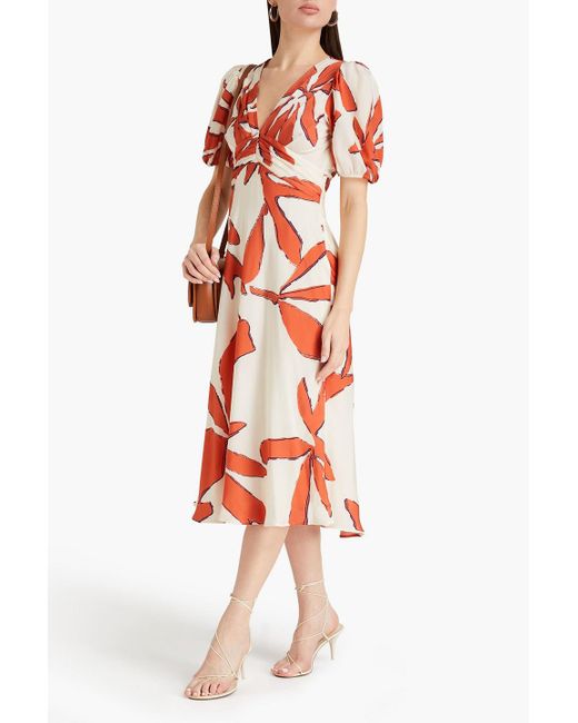 Ba&sh Gathered Printed Satin Midi Dress
