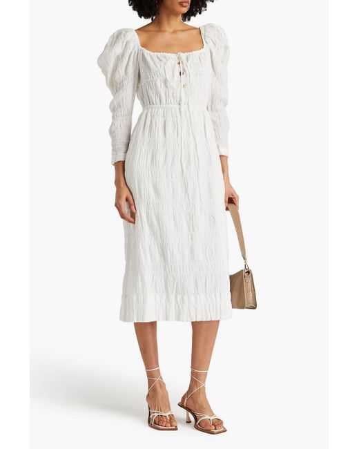 Rejina Pyo White Bow-detailed Crinkled Cotton-blend Jacquard Midi Dress