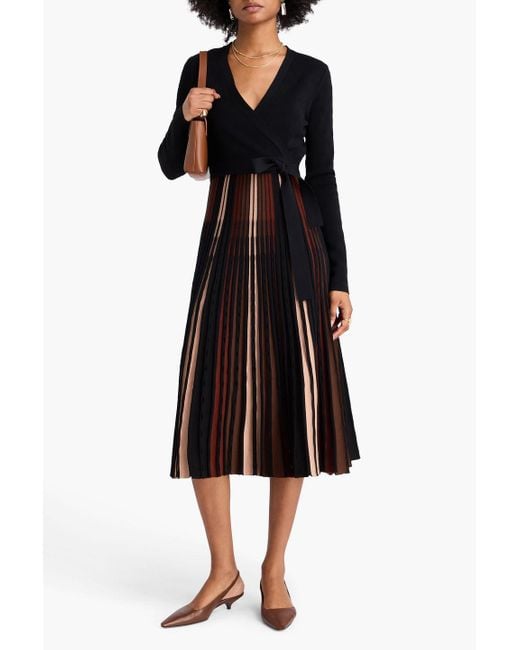 Diane von Furstenberg Black Ollie Wrap-Effect Striped Ribbed And Jacquard-Knit Midi Dress