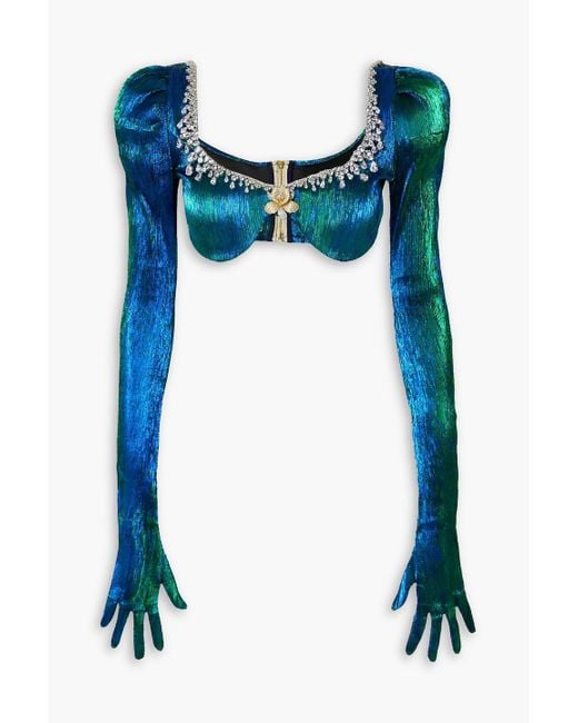 Miss Sohee Blue Cropped Embellished Lamé Top