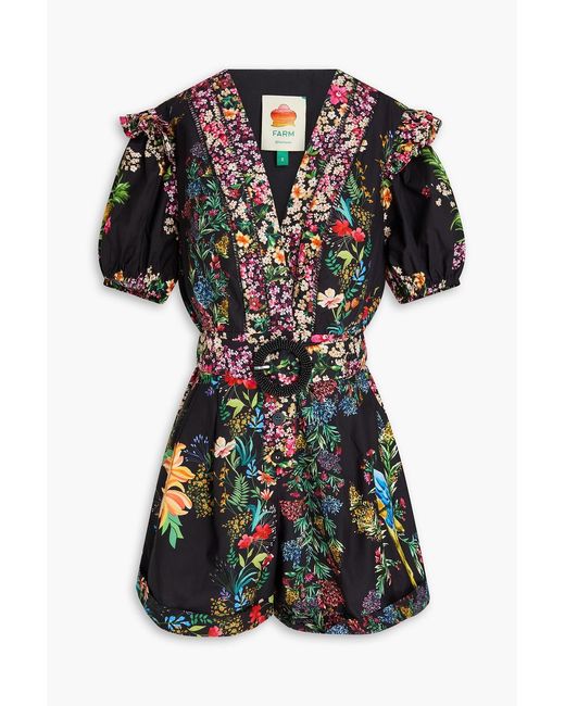 Farm Rio Black Belted Embellished Floral-Print Cotton Playsuit