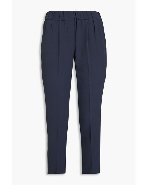 Brunello Cucinelli Blue Cropped Crepe De Chine Tapered Pants