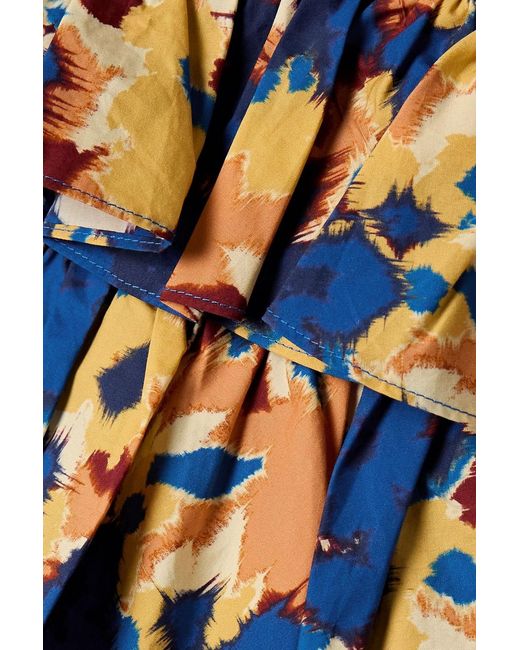 Ulla Johnson Blue Lucia Ruffled Embellished Printed Cotton-Poplin Top