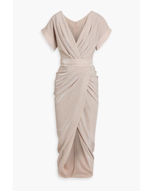 Rhea Costa Natural Wrap-effect Draped Glittered Jersey Midi Dress