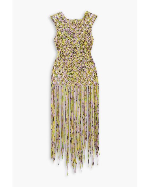 Dries Van Noten Metallic Fringed Printed Macramé Satin Top