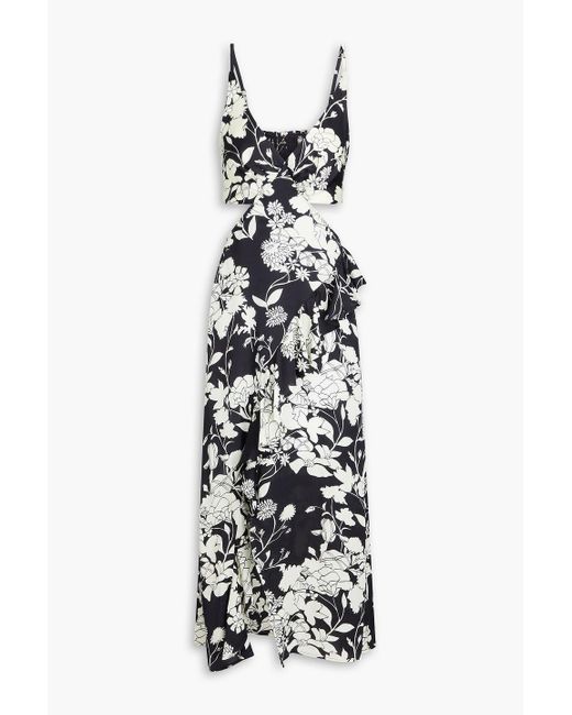 Maje White Ruffled Cutout Floral-Print Satin Midi Dress