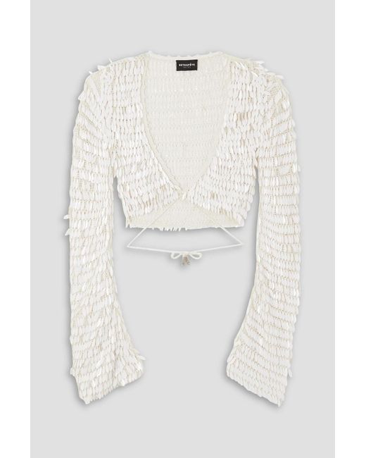 retroféte White Yara Cropped Paillette-embellished Crochet-knit Top