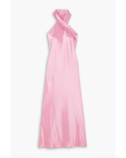 Galvan Pink Pandora Satin Halterneck Midi Dress