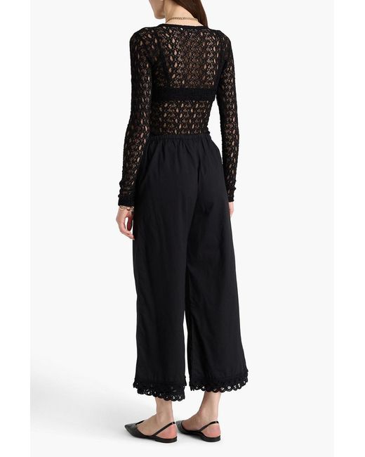 By Malene Birger Black Luisa Cropped Lace-trimmed Cotton-poplin Wide-leg Pants