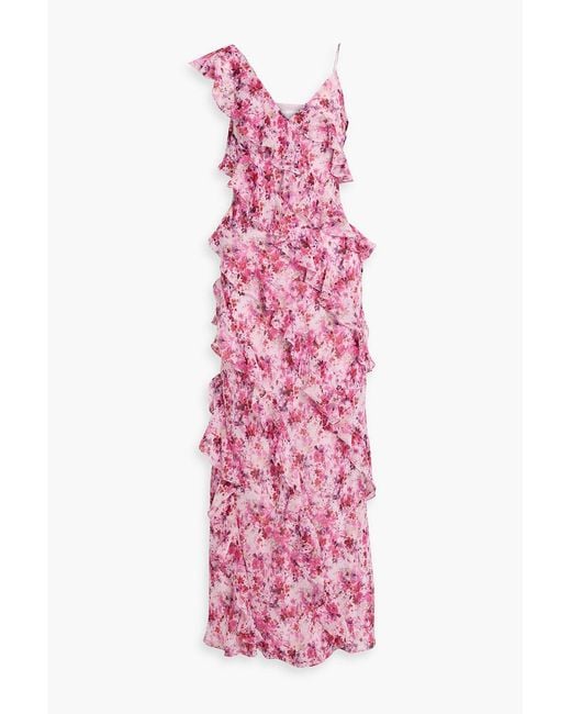 Mikael Aghal Pink Ruffled Metallic Floral-Print Georgette Maxi Dress