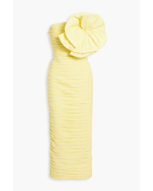 Rachel Gilbert Yellow Evana Strapless Appliquéd Plissé-crepe Midi Dress