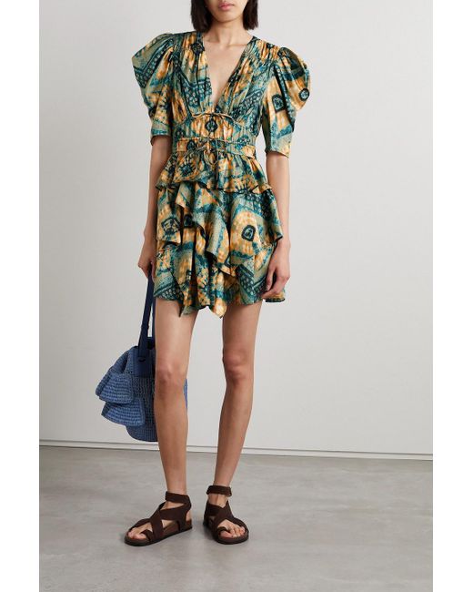 Ulla Johnson Green Zita Ruffled Printed Silk-twill Mini Dress