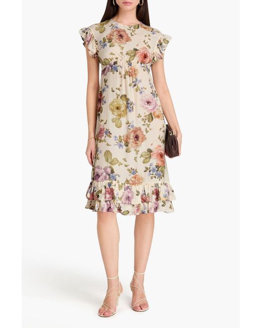 Zimmermann White Ruffled Floral-print Crepe De Chine Midi Dress