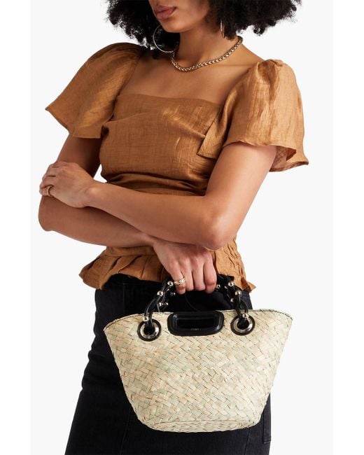 Maje Black Leather-Trimmed Straw Tote