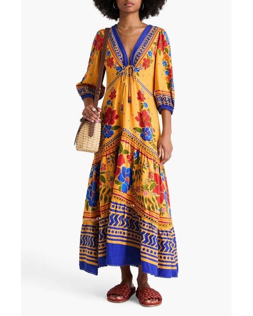 Farm Rio Orange Bead-embellished Floral-print Linen-blend Maxi Dress