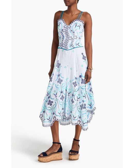 Charo Ruiz Blue Omelia Broderie Anglaise Cotton-Blend Midi Dress