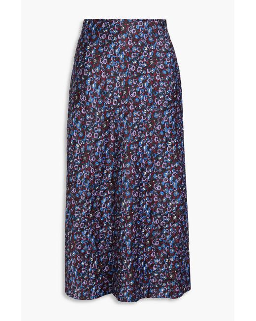 Ganni Blue Floral-print Satin Midi Skirt