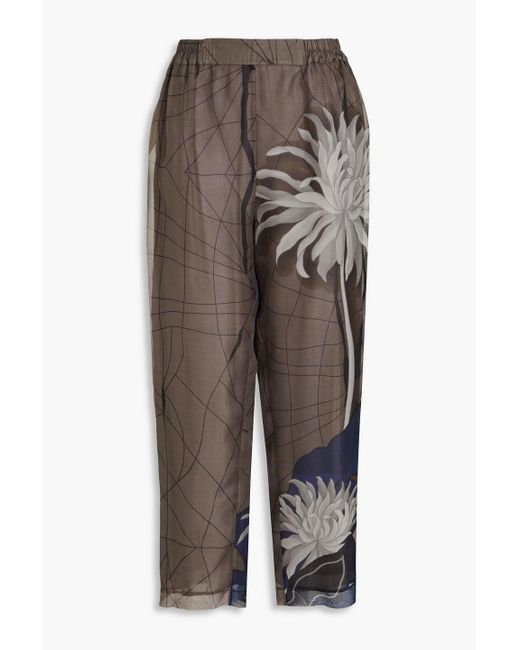 Gentry Portofino Natural Cropped Printed Silk-organza Tapered Pants