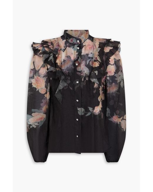 Zimmermann Black Ruffled Floral-Print Linen And Silk-Blend Shirt