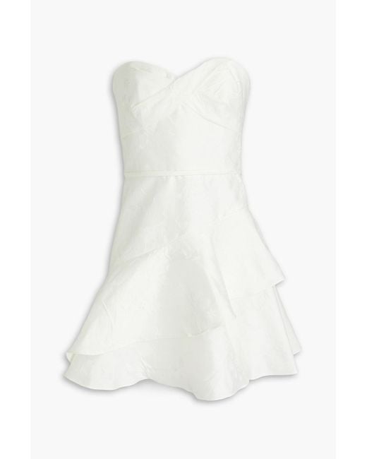ML Monique Lhuillier White Strapless Tiered Satin-Jacquard Mini Dress