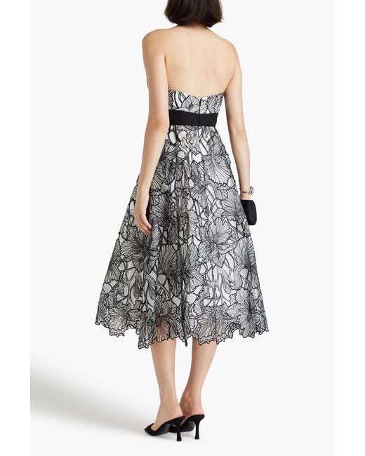 Marchesa Black Strapless Taffeta-paneled Embroidered Tulle Midi Dress