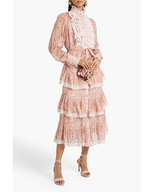 Zimmermann Pink Lace-trimmed Ruffled Georgette Midi Dress