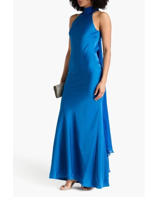 Halston Heritage Blue Speranza Draped Chiffon And Satin Gown