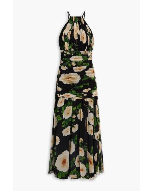 Carolina Herrera Black Gathered Floral-Print Silk-Georgette Halterneck Maxi Dress