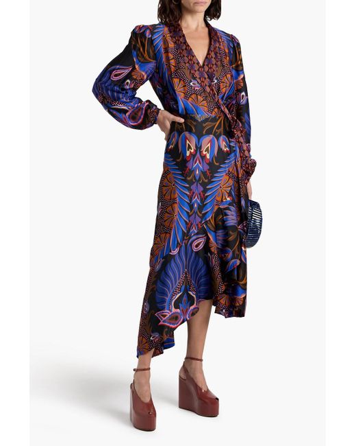 Farm Rio Blue Asymmetric Printed Satin Midi Wrap Dress