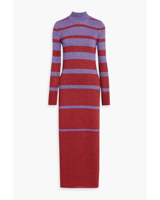 Rabanne Red Metallic Striped Knitted Turtleneck Maxi Dress