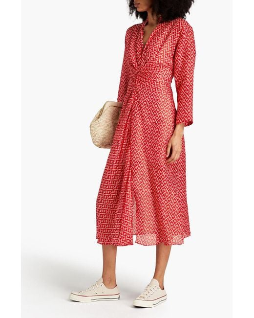 Sandro Red Elian Ruched Printed Linen And Silk-blend Midi Dress