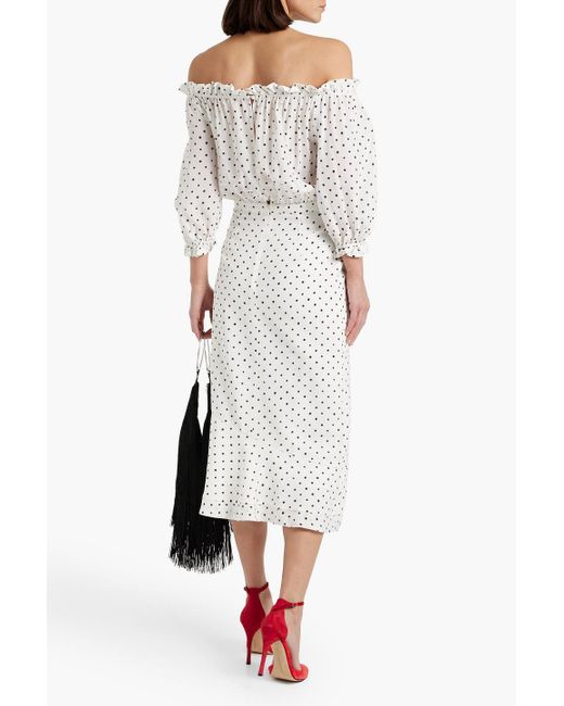 Saloni White Grace Off-the-shoulder Polka-dot Silk-crepe Midi Dress