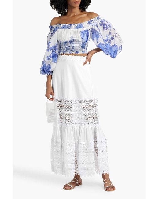 Charo Ruiz White Viola Guipure Lace-Paneled Cotton-Blend Voile Maxi Skirt