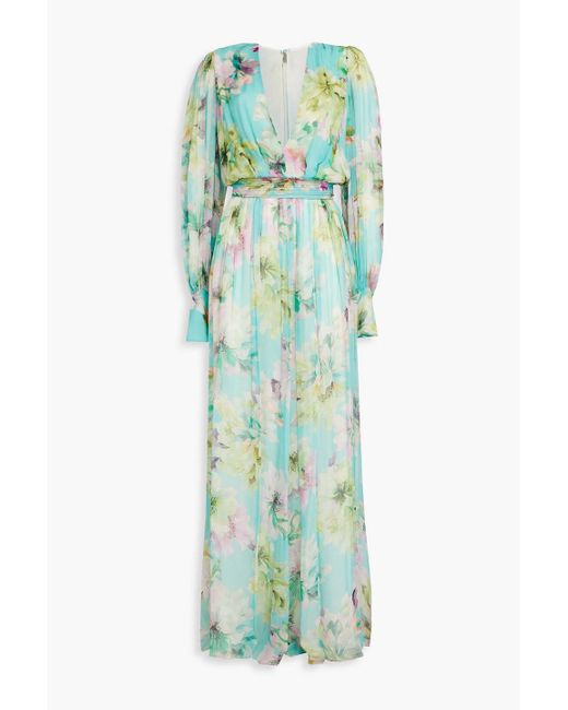 Costarellos Green Gathered Floral-print Crepon Gown