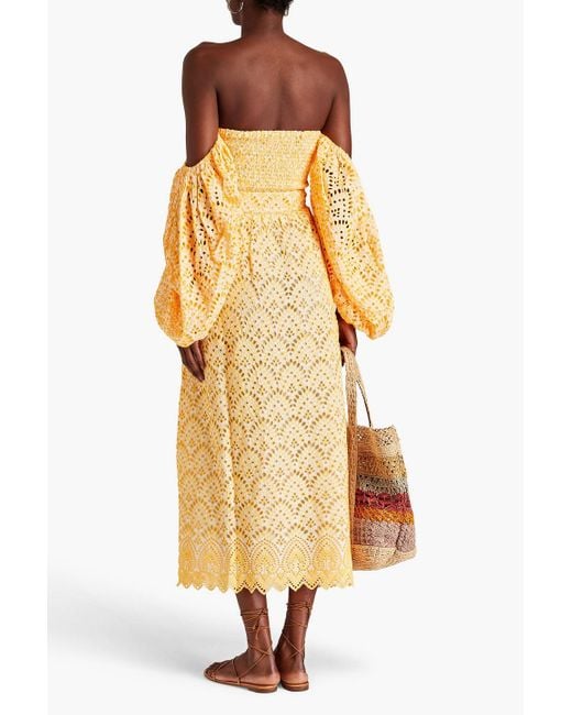 Sundress Yellow Lia Off-the-shoulder Broderie Anglaise Cotton Midi Dress