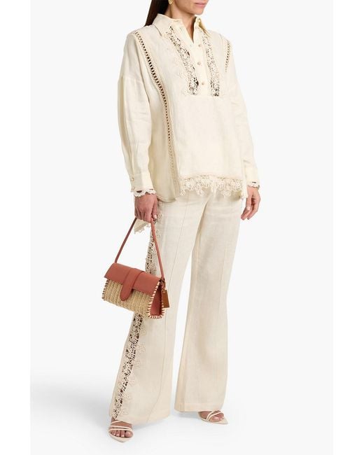 Zimmermann Natural Crochet-Trimmed Linen Wide-Leg Pant