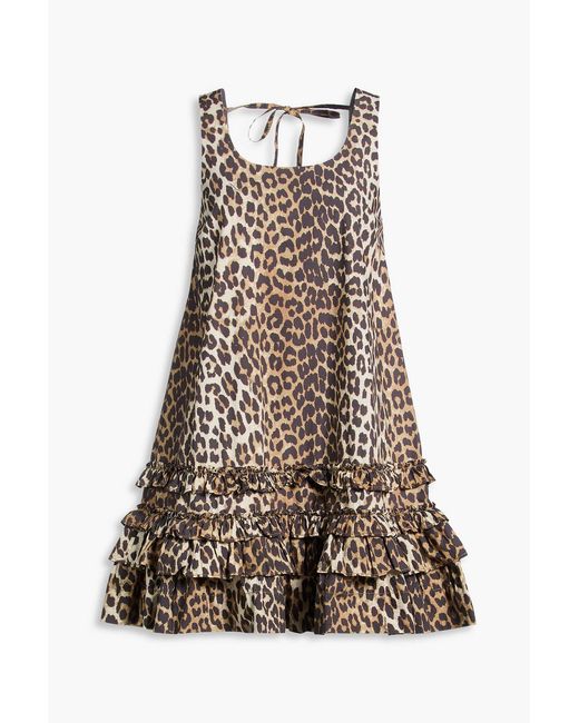 Ganni Multicolor Tiered Leopard-print Cotton-poplin Mini Dress