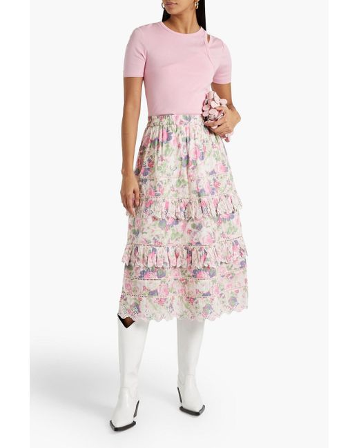 LoveShackFancy Pink Naila Tiered Floral-print Broderie Anglaise Cotton Midi Skirt