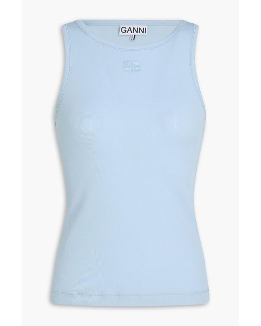 Ganni Blue Ribbed Cotton-Blend Jersey Tank