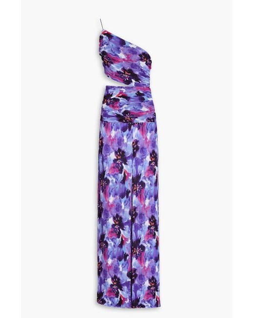 Rebecca Vallance Purple One-shoulder Floral-print Plissé-chiffon Gown