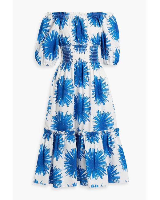 Cara Cara Blue Mimi Off-The-Shoulder Printed Cotton-Poplin Midi Dress