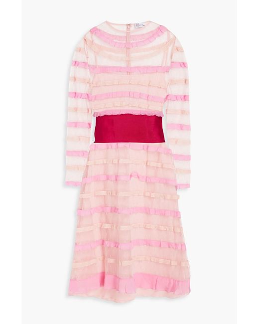 RED Valentino Pink Grosgrain-paneled Tiered Ruffled Point D'esprit, Silk And Lace Dress